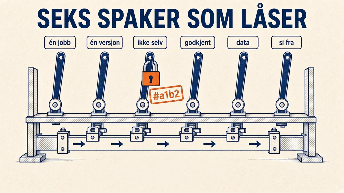 Infografikk på kremfarget bakgrunn: en spakbenk fra et sikringsanlegg med seks spaker merket én jobb, én versjon, ikke selv, godkjent, data og si fra, koblet til en låsestang. Spaken ikke selv er låst med en oransje hengelås og et hashstempel. Overskrift «SEKS SPAKER SOM LÅSER».