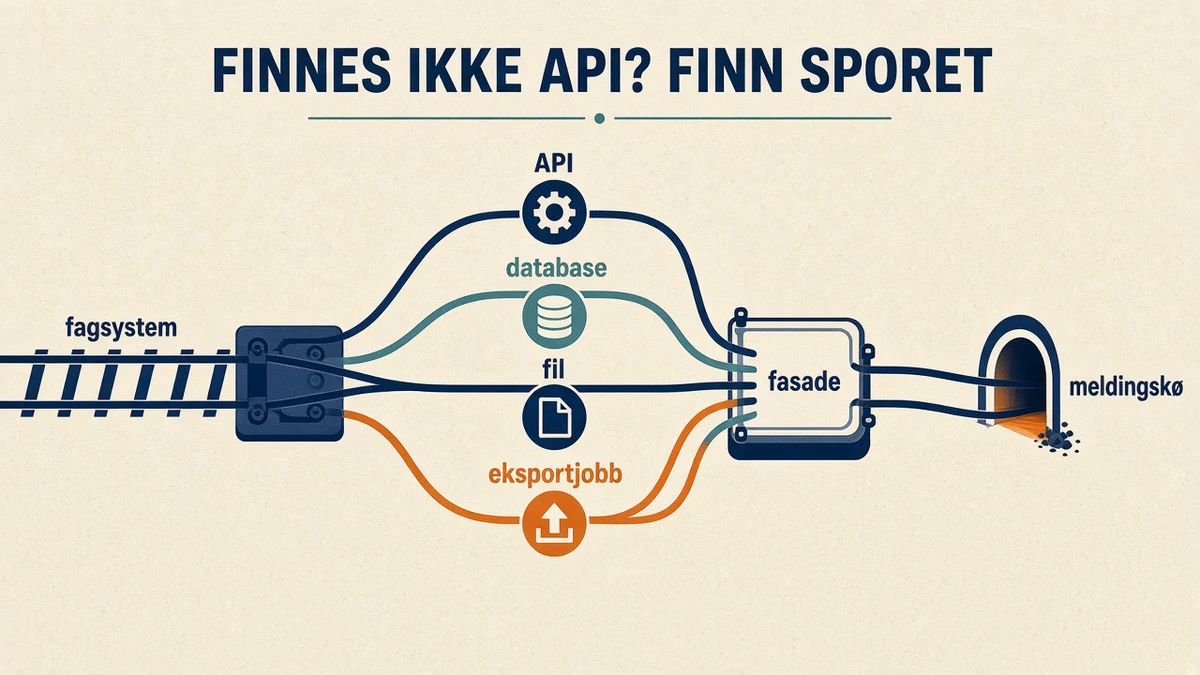Infografikk: sporveksel ovenfra på kremfarget bakgrunn, sporet fagsystem deler seg i API, database, fil og eksportjobb, som møtes i stasjonen fasade og går ut gjennom tunnelen meldingskø. Overskrift «FINNES IKKE API? FINN SPORET».