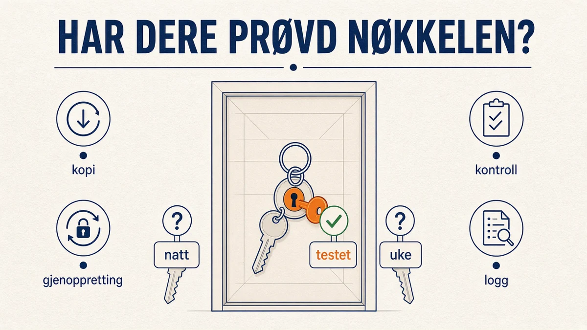 Infografikk på kremfarget bakgrunn: et nøkkelknippe foran en dør, der bare den oransje nøkkelen merket testet står i låsen med grønn hake, mens nøklene natt og uke har spørsmålstegn. Etiketter kopi, gjenoppretting, kontroll og logg. Overskrift «HAR DERE PRØVD NØKKELEN?».