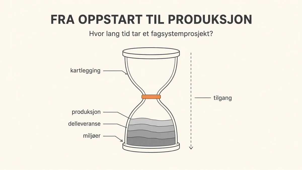 Timeglass på kremfarget bakgrunn. Øvre kolbe er merket kartlegging, halsen første sprint, og sanden i nedre kolbe ligger i tre lag merket miljøer, delleveranse og produksjon. En stiplet linje ved siden av er merket tilgang. Overskrift «FRA OPPSTART TIL PRODUKSJON».