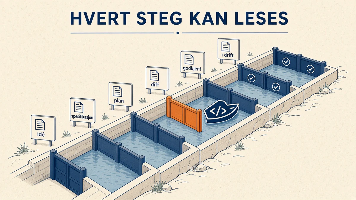 Infografikk på kremfarget bakgrunn: en kanal med seks sluser merket idé, spesifikasjon, plan, diff, godkjent og i drift. En båt formet som en kodeblokk ligger ved diff-slusen bak en oransje port. Slusene for godkjent og i drift har hake. Overskrift «HVERT STEG KAN LESES».