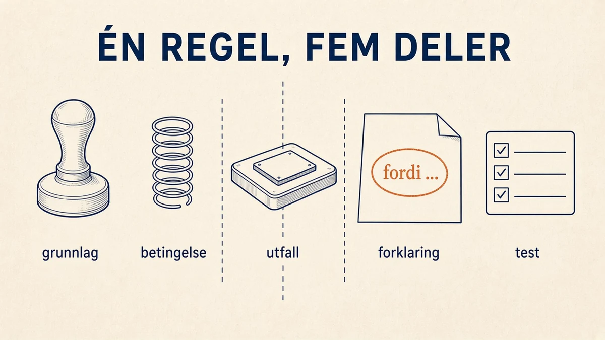 Infografikk på kremfarget bakgrunn: et gammeldags stempel tegnet i fem deler side om side, merket grunnlag, betingelse, utfall, forklaring og test. Avtrykket med teksten «fordi …» er oransje. Overskrift «ÉN REGEL, FEM DELER».