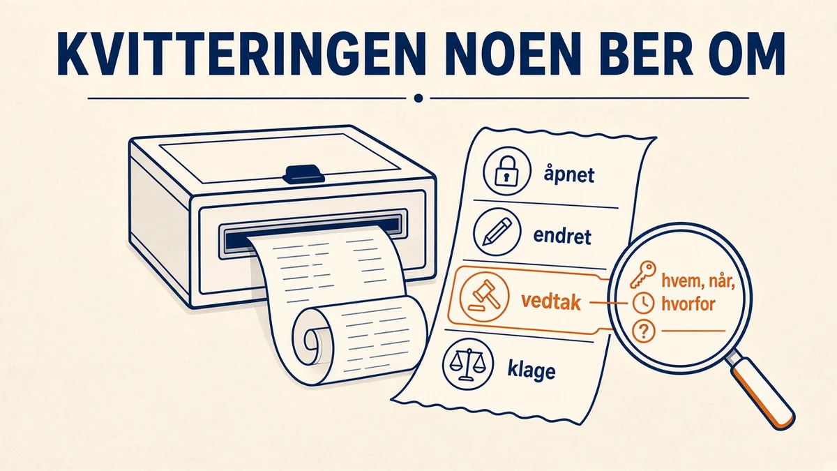 Infografikk på kremfarget bakgrunn: en kvitteringsrull ruller ut av en kasseskuff med linjene åpnet, endret, vedtak og klage. Linjen vedtak er markert i oransje under en lupe med teksten hvem, når, hvorfor. Overskrift «KVITTERINGEN NOEN BER OM».