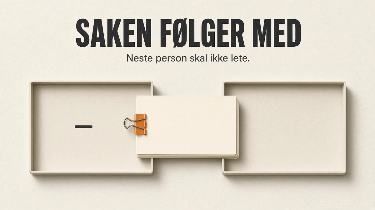 Diagram sett ovenfra: to grunne brett med et mellomrom, en stabel med tre blanke ark som krysser mellomrommet, én oransje foldeklemme, og en liten lukket strek på venstre brett. Overskrift «SAKEN FØLGER MED» og undertekst «Neste person skal ikke lete.».