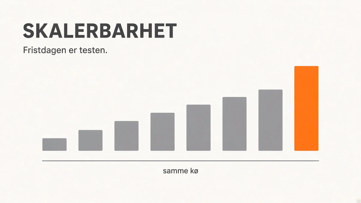Diagram med grå søyler som stiger mot høyre over dagene i en søknadsperiode. Bare den siste søylen, fristdagen, er oransje. Under søylene går én flat grå linje merket samme kø. Overskrift «SKALERBARHET».