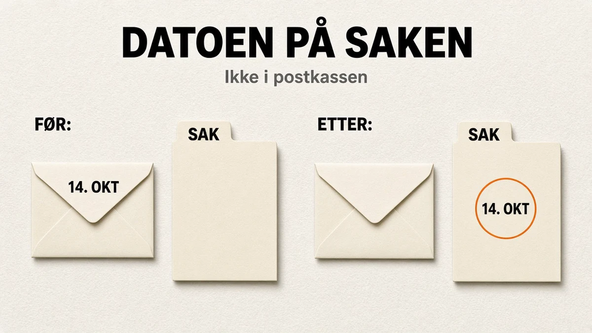Diagram sett ovenfra. Før står datoen på konvoluttens klaff og sakmappen er uten dato. Etter er konvolutten tom og samme dato står på mappen, merket med en oransje ring, under overskriften «Datoen på saken».