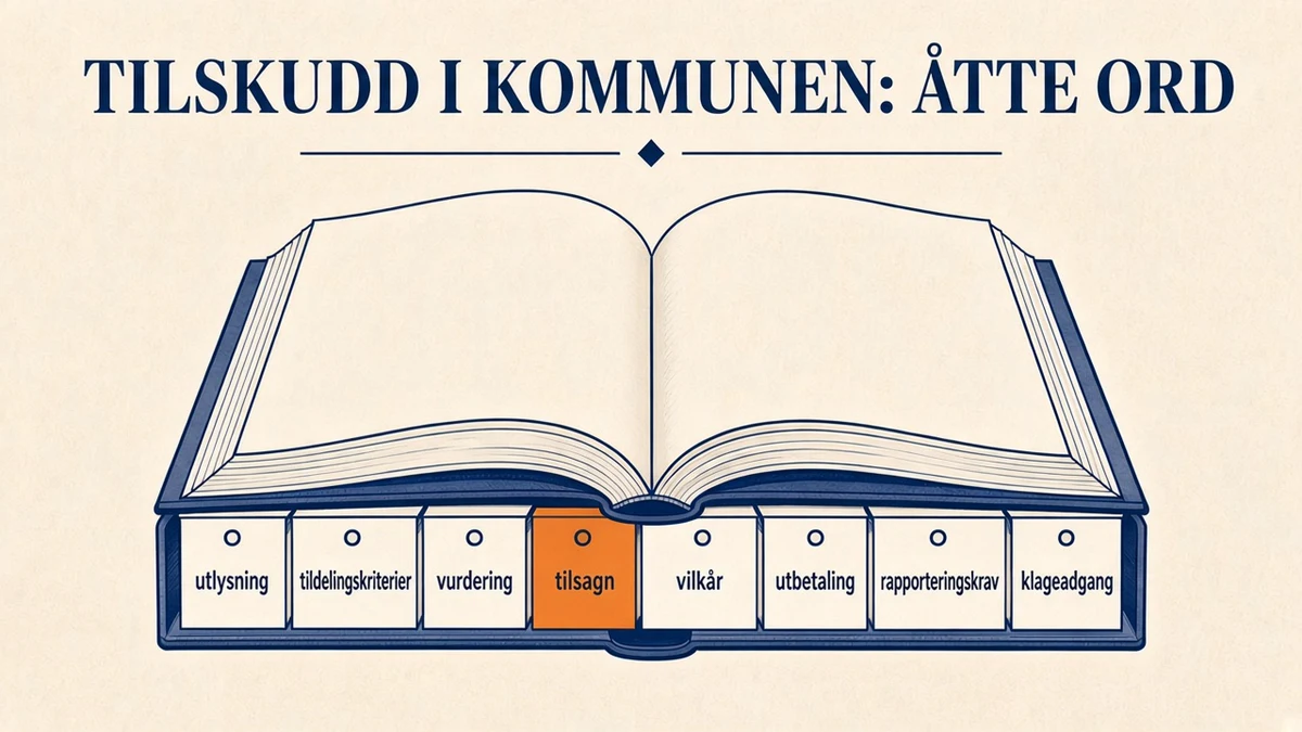Infografikk på kremfarget bakgrunn: en åpen oppslagsbok med åtte faner (utlysning, tildelingskriterier, vurdering, tilsagn, vilkår, utbetaling, rapporteringskrav og klageadgang), der fanen for tilsagn er markert i oransje. Overskrift «TILSKUDD I KOMMUNEN: ÅTTE ORD».